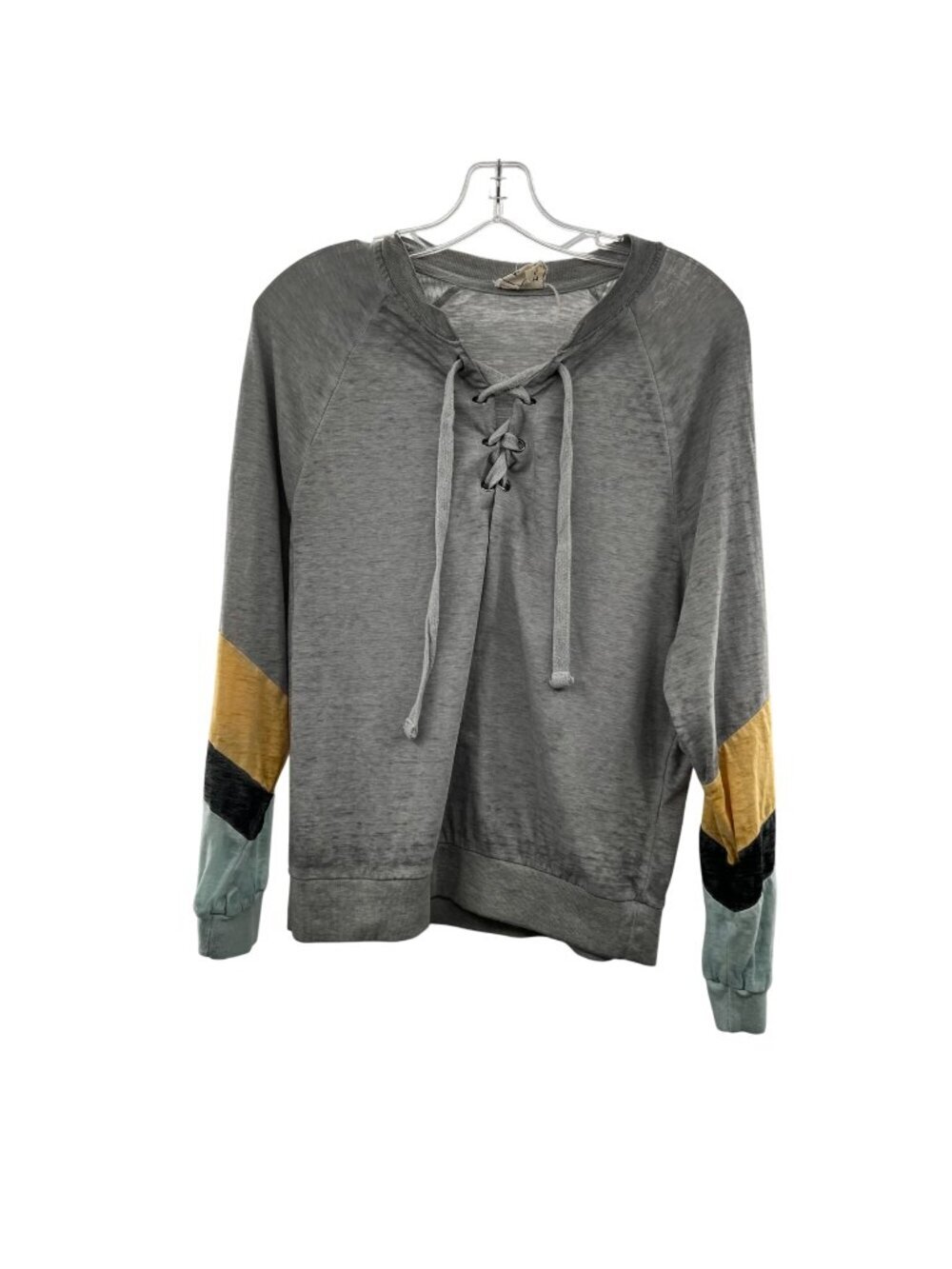 Modish Rebel Long Sleeve Lace Up Neck Top Gray/Multi Size XS